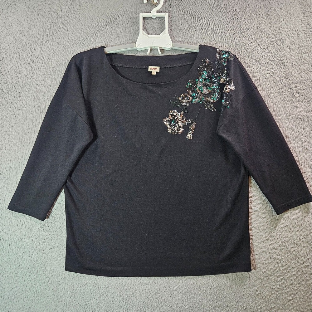 Kenzo Top Women Medium Sequin Embellished Boat Neck‎ Silk Blend Black